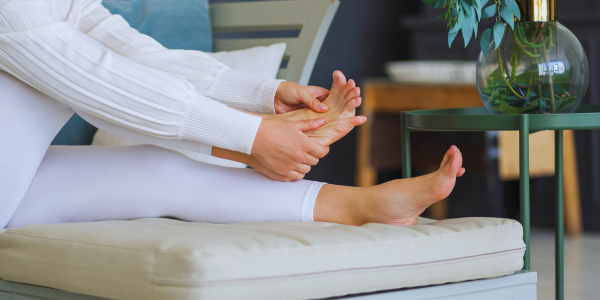 woman holding painful foot